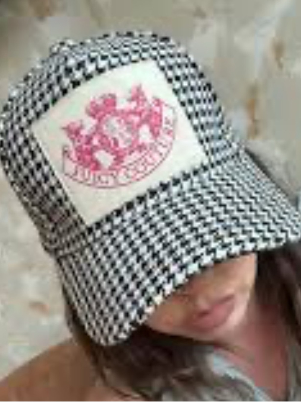 Juicy Couture Black & White Houndstooth Cap with Pink Crest Patch